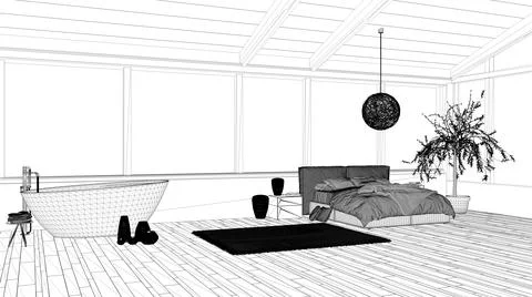 Blueprint project draft, panoramic luxury bedroom with windows, double bed wi Stock Illustration