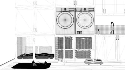 Blueprint project draft, pet friendly mudroom, laundry room with appliances,  Stock Illustration