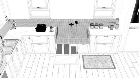 Blueprint project draft, pet friendly mudroom, laundry room with cabinets and Stock Illustration