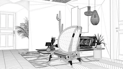 Blueprint project draft of scandinavian ethnic living room. Sofa and tables,  Stock Illustration