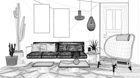 Blueprint project draft of scandinavian ethnic living room. Sofa and tables,  Stock Illustration