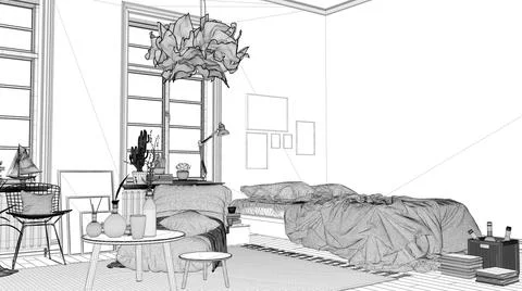 Blueprint project draft of scandinavian open space, bedroom with double bed a Illustrazione stock