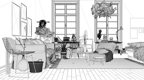 Blueprint project draft of scandinavian open space, living room with sofa, co Stock Illustration