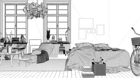 Blueprint project draft of scandinavian open space, bedroom with double bed a Illustrazione stock