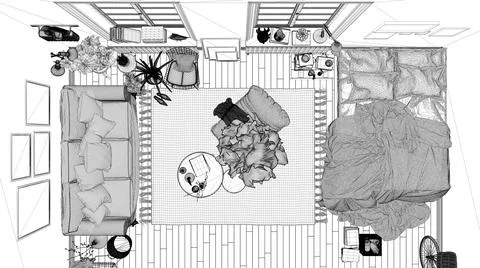 Blueprint project draft of scandinavian open space, living room and bedroom w Stock Illustration
