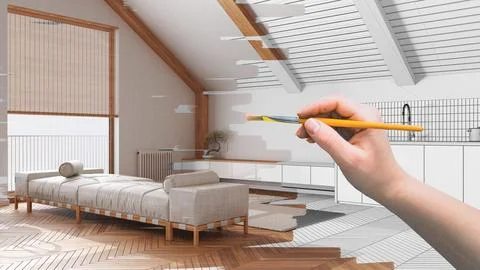 Blueprint project draft, sketch of attic living room with sofa, hand painti.. Stock Illustration