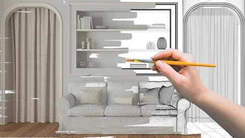 Blueprint project draft, sketch of classic living room, hand painting interio Illustrazione stock