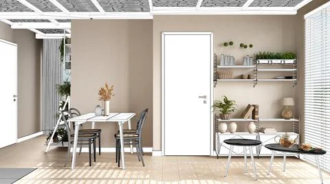 Blueprint project draft, sketch of cosy wooden living room with dining table, Stock Illustration