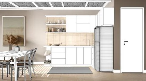 Blueprint project draft, sketch of cosy wooden kitchen with dining table, car Stock Illustration