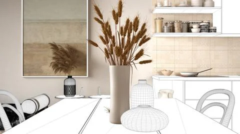 Blueprint project draft, sketch of cosy wooden kitchen with dining table, vas Illustrazione stock