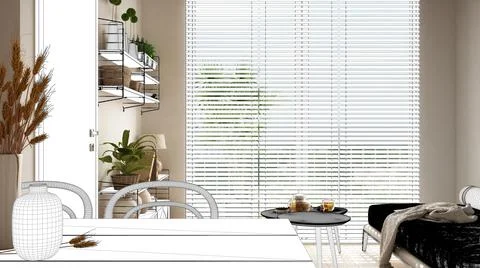 Blueprint project draft, sketch of cosy wooden living room with dining table, Stock Illustration