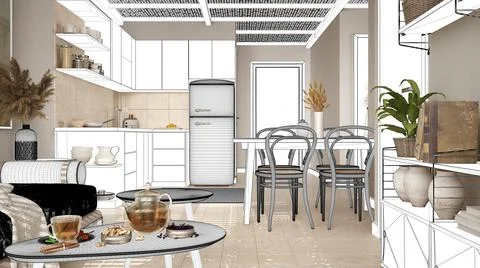 Blueprint project draft, sketch of cosy wooden living room with dining table, Illustrazione stock