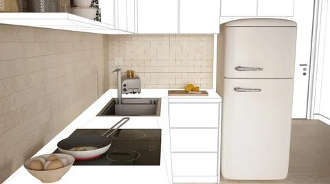 Blueprint project draft, sketch of cosy wooden kitchen with induction hob, pa Stock Illustration
