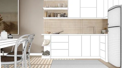 Blueprint project draft, sketch of cosy wooden kitchen and dining room, table Stock Illustration