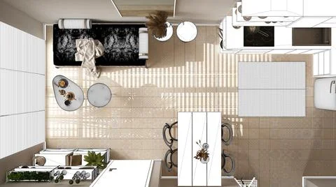 Blueprint project draft, sketch of cosy wooden living room with dining table, Stock Illustration
