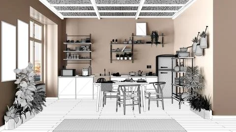 Blueprint project draft, sketch of modern wooden kitchen with dining table an Illustrazione stock