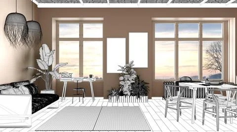 Blueprint project draft, sketch of modern living room with dining table and c Illustrazione stock