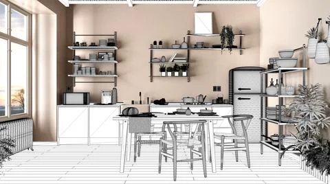 Blueprint project draft, sketch of modern wooden kitchen with dining table an Stock Illustration