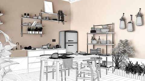 Blueprint project draft, sketch of modern wooden kitchen with dining table an Stock Illustration