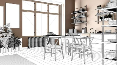 Blueprint project draft, sketch of modern wooden kitchen with dining table an Stock Illustration
