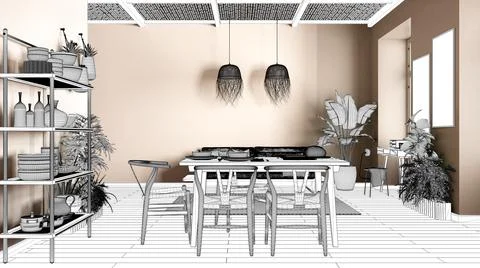 Blueprint project draft, sketch of modern living room with dining table, chai Illustrazione stock