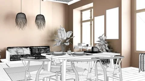 Blueprint project draft, sketch of modern living room with dining table, chai Stock Illustration