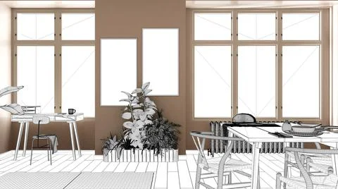 Blueprint project draft, sketch of modern living room with dining table, chai Illustrazione stock
