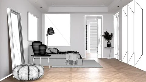 Blueprint project draft, sketch of modern bedroom, bed with pillows and blank Stock Illustration