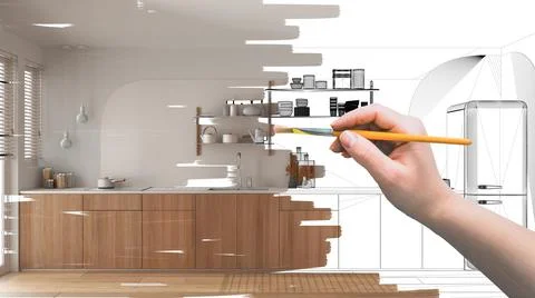 Blueprint project draft, sketch of modern kitchen, hand painting interior det Illustrazione stock