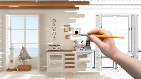 Blueprint project draft, sketch of nautical living room, hand painting interi Stock Illustration