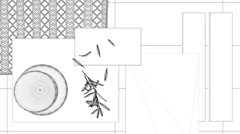 Blueprint project draft, texture, fabric, materials mood board, interior desi Illustrazione stock