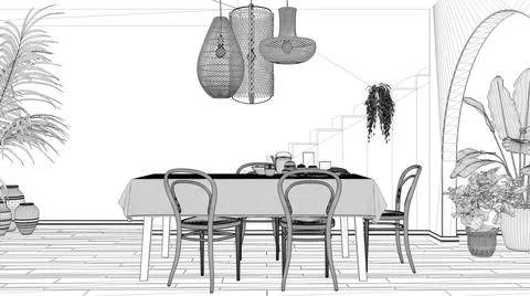 Blueprint project draft, vintage retro dining room with table and chairs, bre Stock Illustration