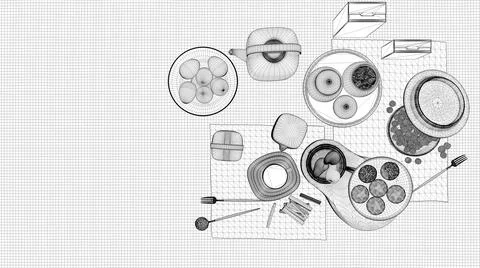 Blueprint project draft, vintage retro dining room with wooden table and chai Stock Illustration