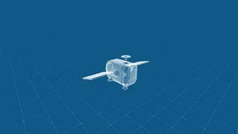 Blueprint Rendering of Satellite on Blue Grid Background in Digital Space D.. Stock-Footage 342199651