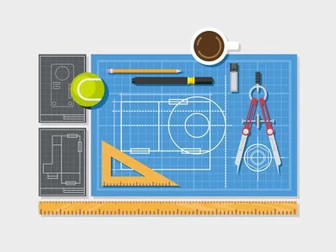 Blueprint with ruler, compass and cup of coffee top view flat style Stock Illustration