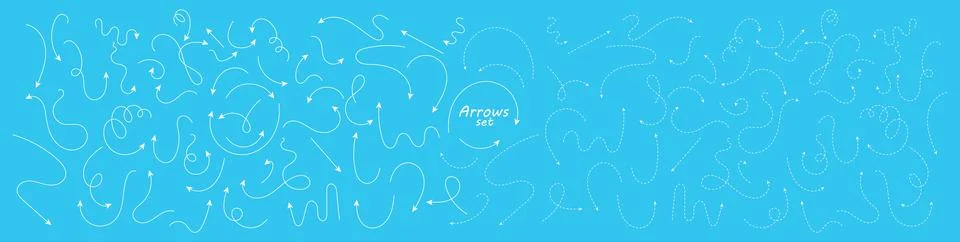 Blueprint set of hand drawn thin line and dash line arrows. White curved vector イラスト素材