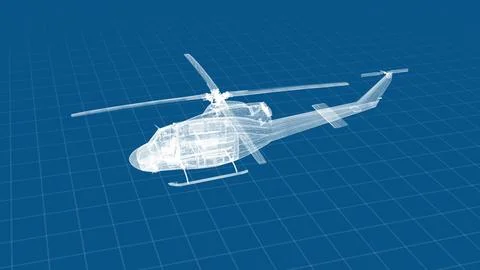 Blueprint Simulation of Futuristic Helicopter in Wireframe Design on Blue Gri Stock Illustration