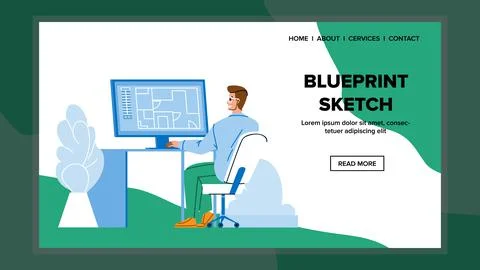 Blueprint Sketch Developing Architect Man Vector Stock Illustration