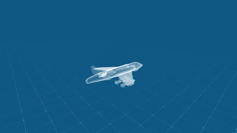 Blueprint Style: Fighter Jet in Digital Wireframe Rendered in Blue Tones Stock Footage 342292008