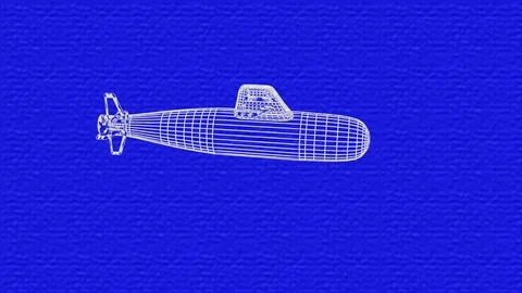 Blueprint of submarine rotating. 3d rendering , animation seamless loop Video stock 122711045