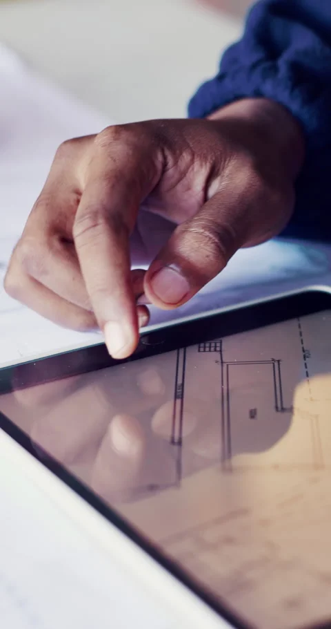 Blueprint, tablet screen and hands of construction worker on site with planning Vídeos de archivo 337021743