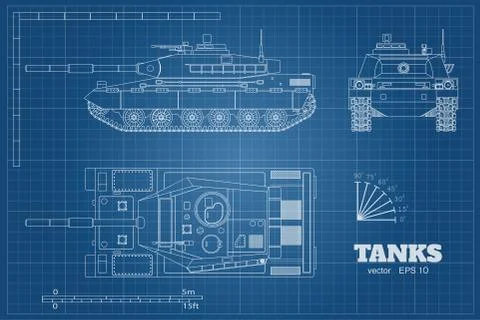 Blueprint of tank. Top, front, side view. Armored car. Industrial drawing Stock Illustration