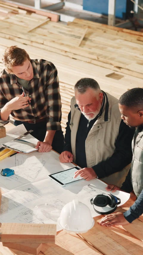 Blueprint, team and carpentry supervisor with tablet, project briefing or CAD Stock Footage 343813394