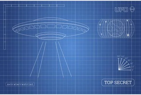 Blueprint of UFO. Technical document with the drawing of alien spaceship Stock Illustration