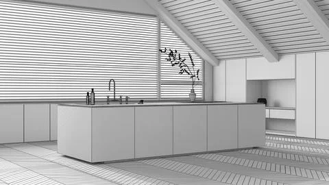 Blueprint unfinished project draft, attic interior design, minimal wooden k.. Stock Illustration