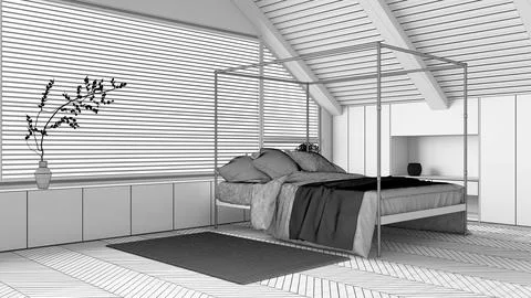 Blueprint unfinished project draft, attic interior design, minimal wooden b.. Stock Illustration