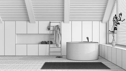 Blueprint unfinished project draft, attic interior design, minimal wooden b.. Stock Illustration