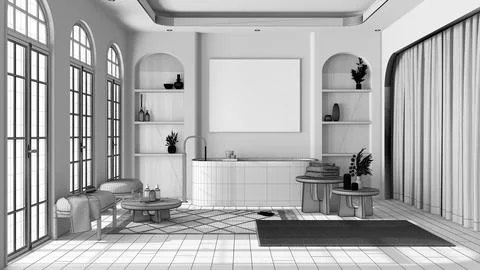 Blueprint unfinished project draft, bathroom in boho style with arched wind.. Stock Illustration