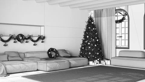 Blueprint unfinished project draft, Christmas tree and presents in scandina.. Stock Illustration