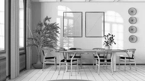 Blueprint unfinished project draft, classic vintage dining room. Wooden table Illustrazione stock